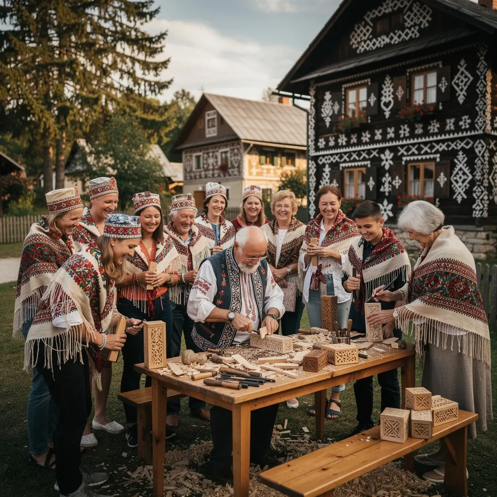 A picturesque wooden church surrounded by lush greenery, showcasing traditional Slovak architecture.